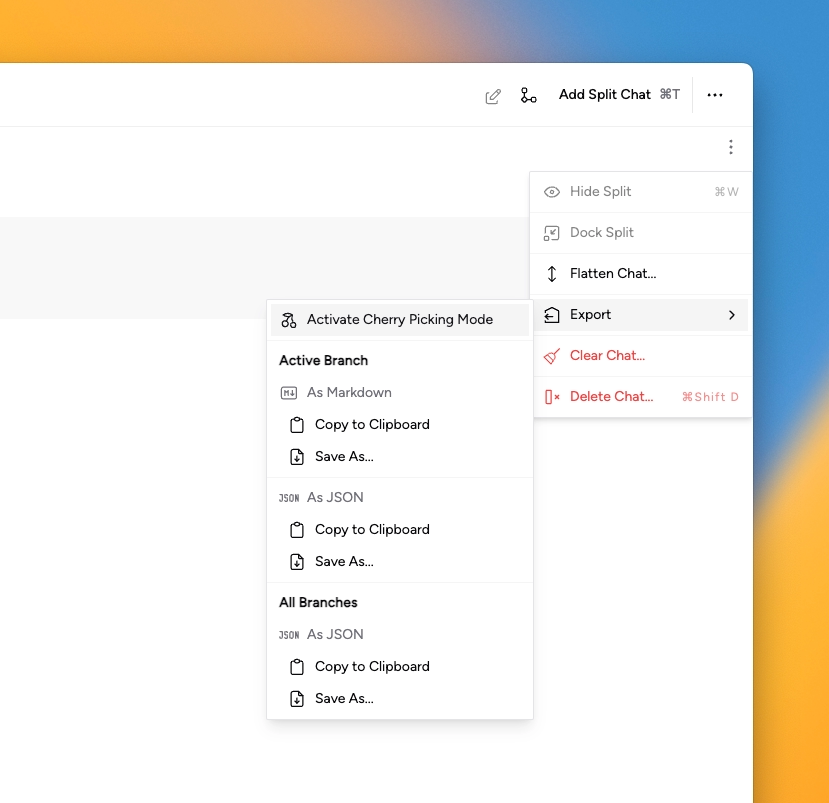 Export chat options in Msty