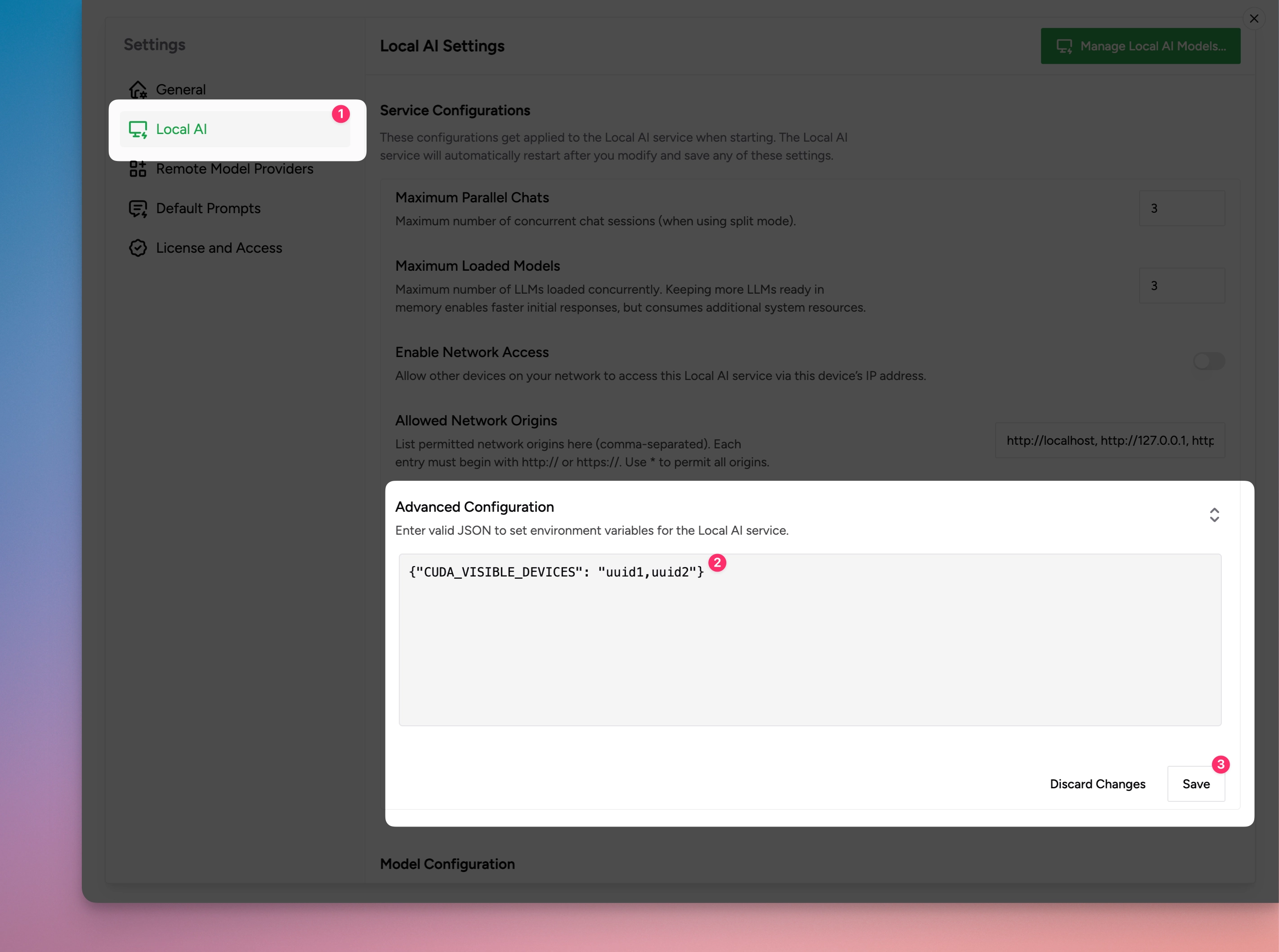 You can pass extra environment variables to the Local AI service