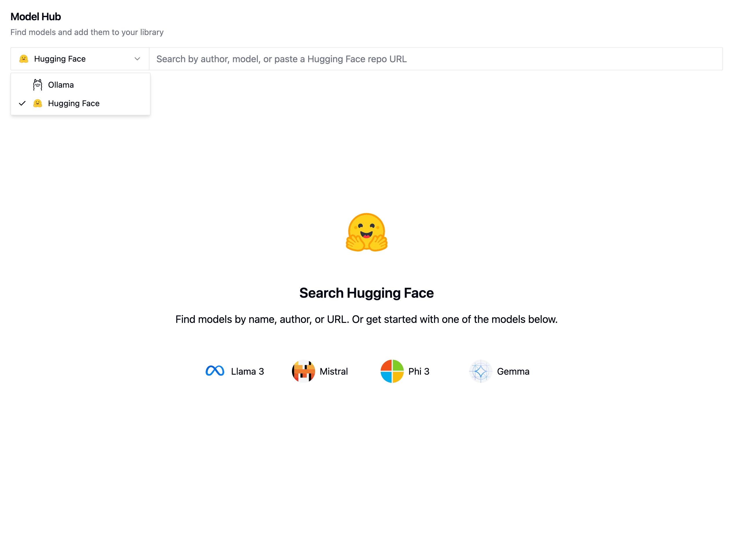 Model Hub to search for Ollama and HuggingFace models