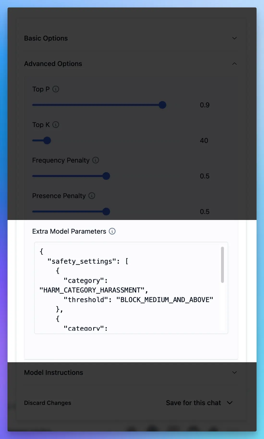 Gemini safety settings in Msty model options
